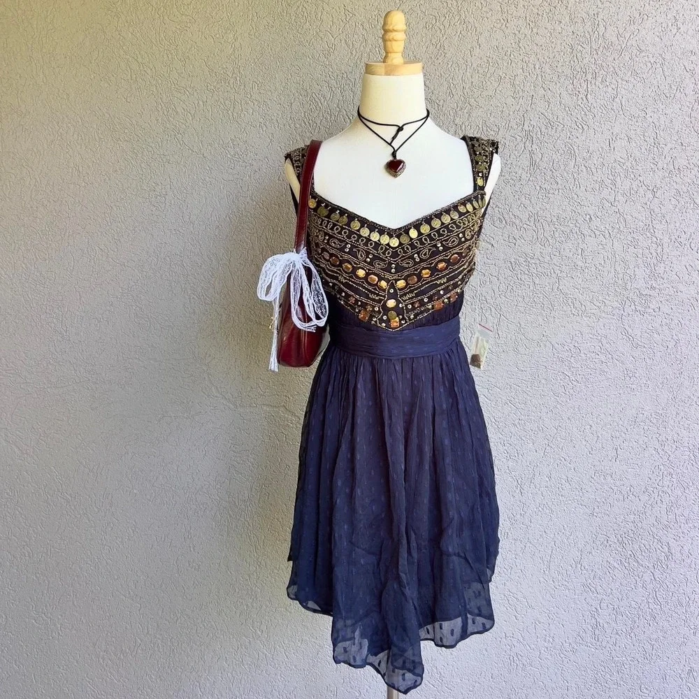 Free People Indigo Blue Coin Embellished Dress Size 6 Beaded $350 Retail